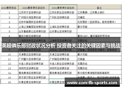 英超俱乐部财政状况分析 投资者关注的关键因素与挑战