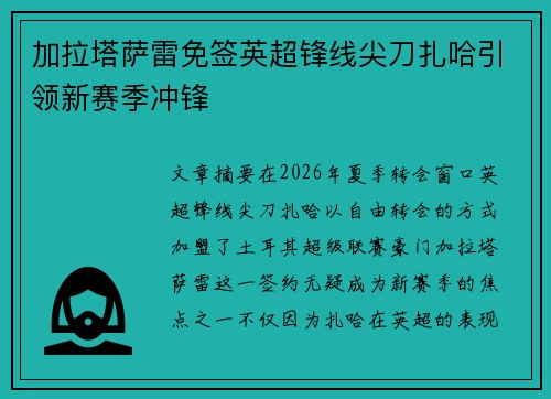 加拉塔萨雷免签英超锋线尖刀扎哈引领新赛季冲锋 加拉塔萨雷免签英超锋线尖刀扎哈引领新赛季冲锋
